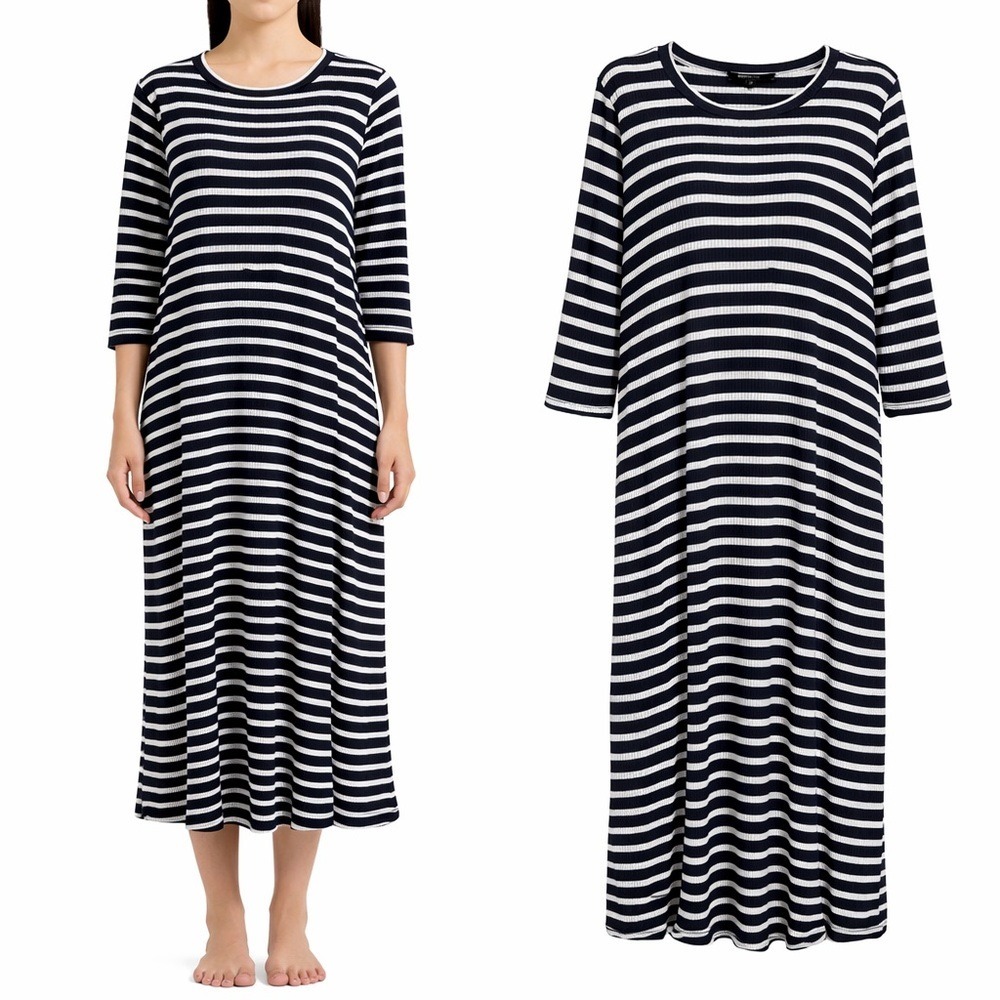 Roolee black White Striped Ribbed Knit Maxi Dress 3/4‎ Sleeve Small